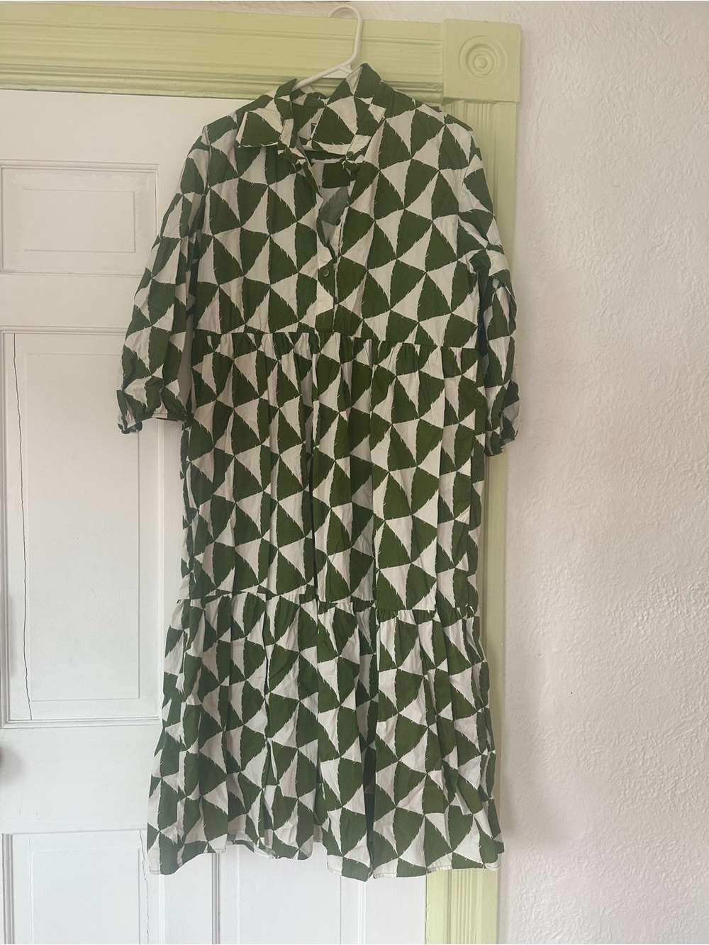 Anthropologie Maeve Olive & White Geometric Tiered Shirt Dress